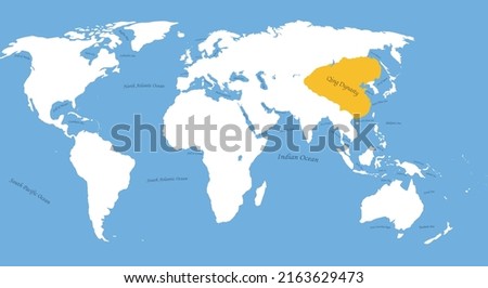 Map of the largest borders Qing Dynasty with all world, sea and ocean names 