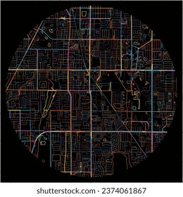 Map of Largo, Florida with all major and minor roads, railways and waterways. Colorful line art on black background.