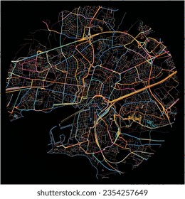 Map of LaRochelle, Charente-Maritime with all major and minor roads, railways and waterways. Colorful line art on black background.