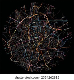 Map of LaRoche-sur-Yon, Vendée with all major and minor roads, railways and waterways. Colorful line art on black background.