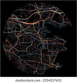 Map of LaSeyne-sur-Mer, Var with all major and minor roads, railways and waterways. Colorful line art on black background.