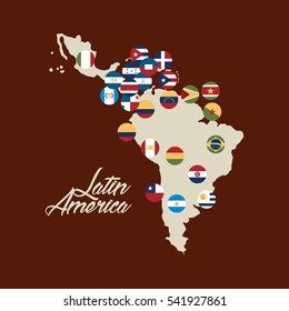 Map Of Latin America With The Flags Of Countries. Colorful Design. Vector Illustration