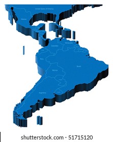 Map of Latin America with national borders and country names. Pseudo-3d vector illustration.