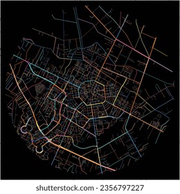 Map of Latina, Lazio with all major and minor roads, railways and waterways. Colorful line art on black background.