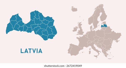 Mapa da Letónia com divisões administrativas e destaque para a posição no mapa da Europa. Isolado no fundo branco. Ilustração vetorial.