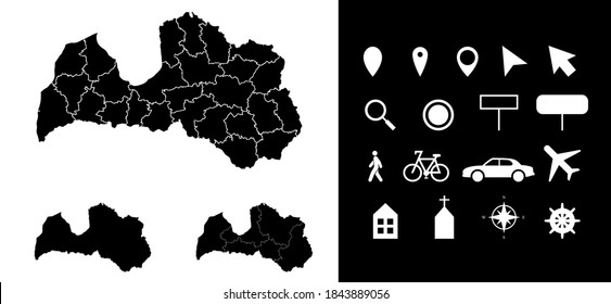 Map of Latvia administrative regions departments with icons. Map location pin, arrow, looking glass, signboard, man, bicycle, car, airplane, house. outline Latvian vector map.