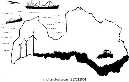 Map of Latvia with baltic sea. Fishing and cargo ships in water. Tractor and wind turbines on map