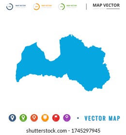 Mapa de Letonia azul e icono de fijación de pines.