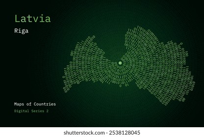 Um mapa da Letônia representado em zeros e uns na forma de um círculo. A capital, Riga, está no centro do círculo