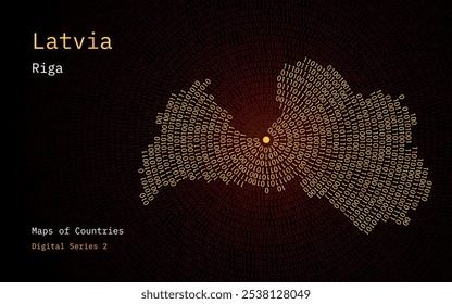 A map of Latvia depicted in zeros and ones in the form of a circle. The capital, Riga, is shown in the center of the circle