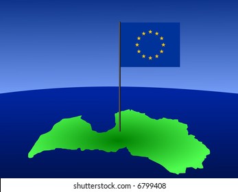 map of Latvia and European Union flag on pole illustration