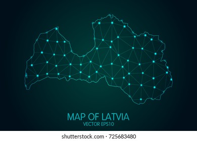 Map of Latvia - With glowing point and lines scales on the dark gradient background, 3D mesh polygonal network connections.Vector illustration eps 10.