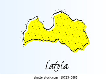 Map of Latvia, halftone abstract background. The black dots on a yellow background. drawn border line. vector illustration