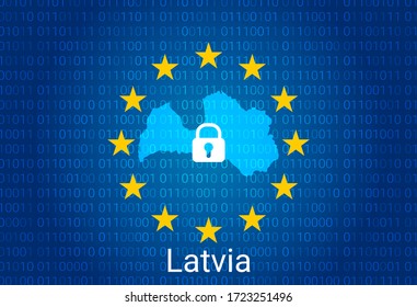 Map of Latvia, with lock and binary code background. europe union internet blocking, virus attack, privacy protect. vector illustration