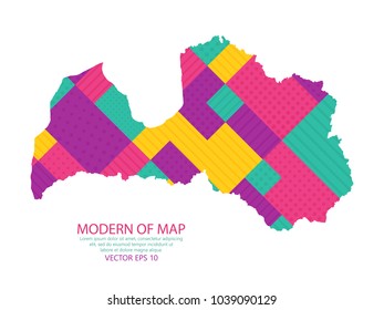 Map of Latvia - Modern Geometric dots and lines background, colorful carving art - blue, yellow and purple. Vector illustration eps 10.
