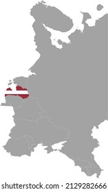 Map of Latvia with national flag within the gray map of Eastern Europe