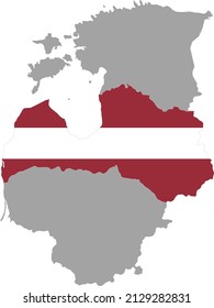 Map of Latvia with national flag within the gray map of Baltic countries