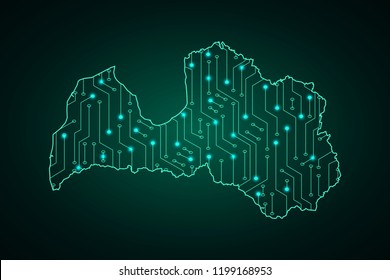 Map of Latvia, network line, design sphere, dot and structure on dark background with Map Latvia, Circuit board. Vector illustration. Eps 10