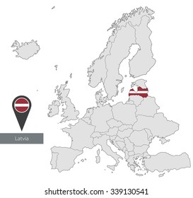 Map of Latvia with an official flag. Location in Europe