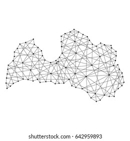 Map of Latvia from polygonal black lines and dots of vector illustration