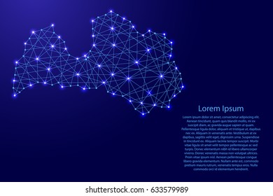 Map of Latvia from polygonal blue lines and glowing stars vector illustration