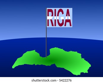 Map of Latvia with position of Riga marked by flag pole illustration