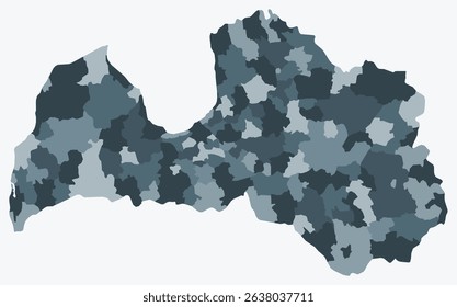 Map of Latvia with regions. Just a simple country border map with region division. Blue grey color palette. Plain Latvia shape with administrative division. Vector illustration.