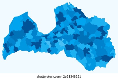 Map of Latvia with regions. Just a simple country border map with region division. Light blue color palette. Flat Latvia shape with administrative division. Vector illustration.