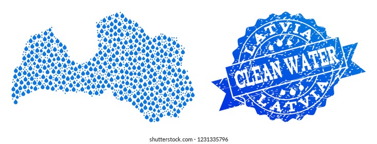 Map of Latvia vector mosaic and clean water grunge stamp. Map of Latvia composed with blue aqua raindrops. Seal with distress rubber texture for clean drinking water.