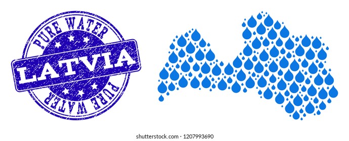 Map of Latvia vector mosaic and Pure Water grunge stamp. Map of Latvia created with blue water tears. Seal with unclean rubber texture for pure drinking water.