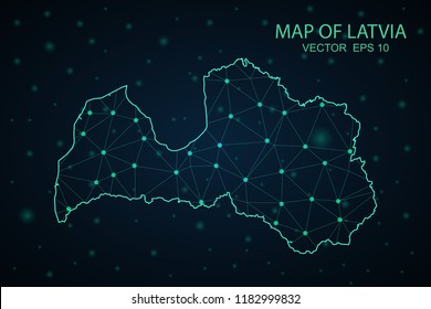 Map Latvia. Wire Frame 3D mesh polygonal network line, design sphere,Latvia map on dark background. Vector illustration eps 10.