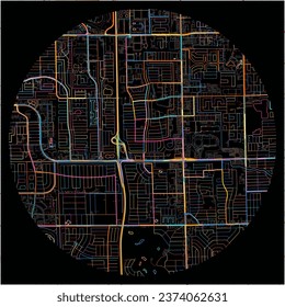 Mapa de Lauderhill, Florida con todas las carreteras principales y menores, ferrocarriles y vías fluviales. Coloridas líneas de arte sobre fondo negro.
