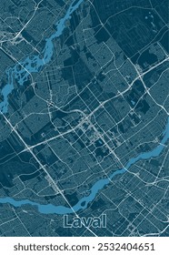 Mapa de Laval, una ciudad en Quebec, Canadá. El mapa se representa en un estilo minimalista con un fondo azul oscuro y líneas blancas que representan carreteras, calles y vías fluviales.