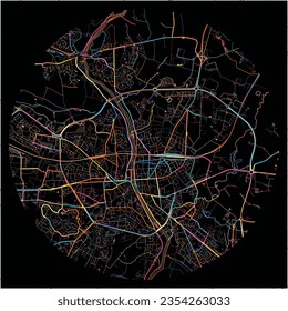Map of Laval, Mayenne with all major and minor roads, railways and waterways. Colorful line art on black background.