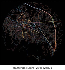 Map of LaVega, La Vega with all major and minor roads, railways and waterways. Colorful line art on black background.