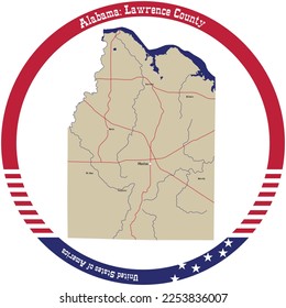 Mapa del condado de Lawrence en Alabama, EE.UU. arreglado en círculo.