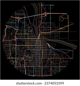 Map of Lawrence, Kansas with all major and minor roads, railways and waterways. Colorful line art on black background.