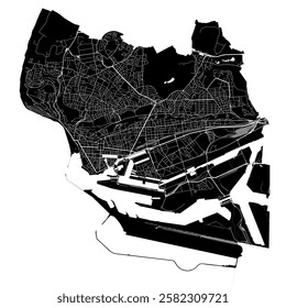 Map of Le Havre, France. Detailed city vector map, metropolitan area. Black and white streetmap with roads and water.