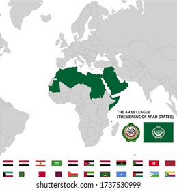 Map of League of Arab States with flags