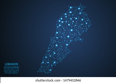 A map of Lebanon consisting of 3D triangles, lines, points, and connections. Vector illustration of the EPS 10.