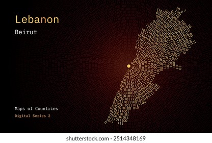 Um mapa do Líbano retratado em zeros e uns em forma de círculo. A capital, Beirute, está no centro do círculo