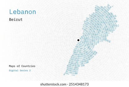 Um mapa do Líbano retratado em zeros e uns em forma de círculo. A capital, Beirute, está no centro do círculo