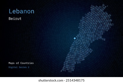 Um mapa do Líbano retratado em zeros e uns em forma de círculo. A capital, Beirute, está no centro do círculo