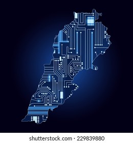 Map of Lebanon with electronic circuit. Contour map of Lebanon with a technological electronics circuit. 