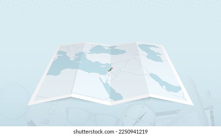 Map of Lebanon with the flag of Lebanon in the contour of the map on a trip abstract backdrop. Travel illustration.