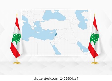 Map of Lebanon and flags of Lebanon on flag stand. Vector illustration for diplomacy meeting.