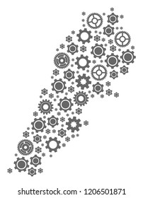 Map of Lebanon formed with gray wheel symbols. Vector abstract collage of map of Lebanon with mechanics symbols. Engineering flat design for service projects.
