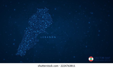 Map of Lebanon modern design with polygonal shapes on dark blue background. Business wireframe mesh spheres from flying debris. Blue structure style vector illustration concept.