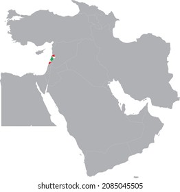Map of Lebanon with national flag inside the gray map of Middle East region of Asia