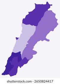 Map of Lebanon with regions. Just a simple country border map with region division. Deep purple color palette. Blank Lebanese Republic shape with administrative division. Vector illustration.